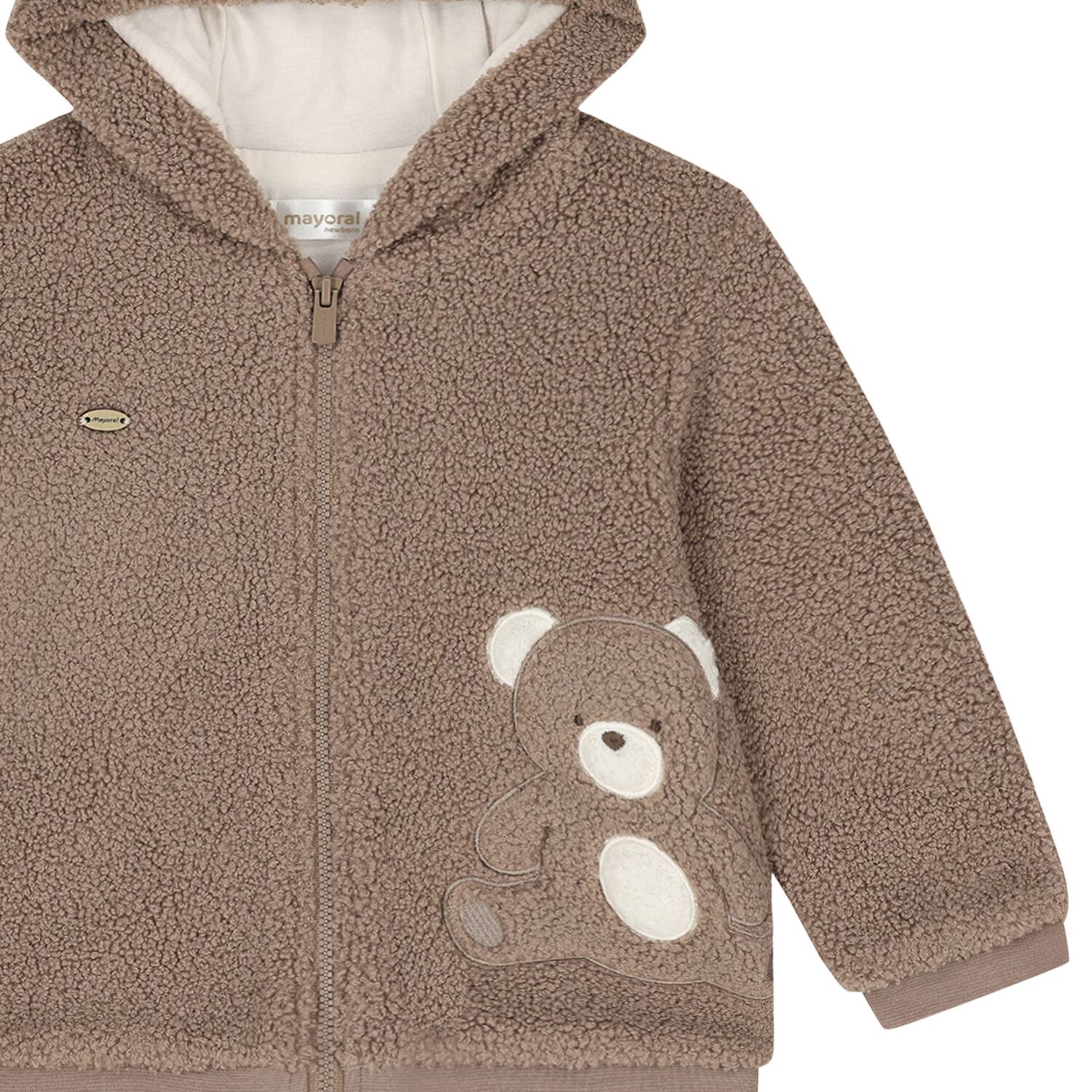 Beige Teddy Bear Hooded Zip Up Top, 1, hi-res
