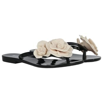Girls Black & Beige Logo Flower Flip Flops