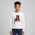 Boys White Teddy Bear Logo Long Sleeve Top, 1, hi-res