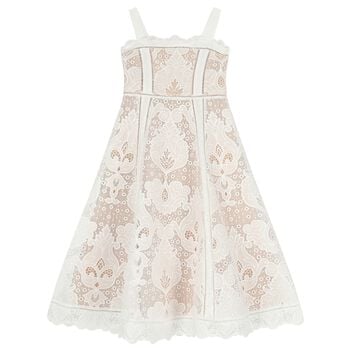 Girls White & Beige Lace Dress