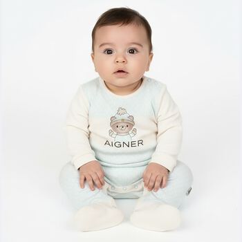 Baby Boys Ivory & Blue Teddy Bear Logo Babygrow