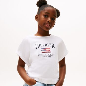 Girls White Cotton Sequin Flag T-Shirt