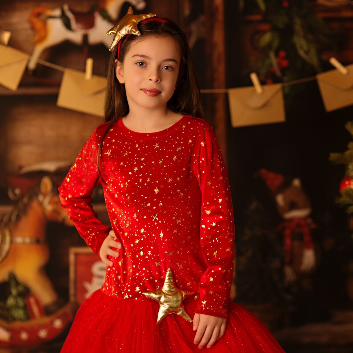 Girls Red & Gold Star Headband, 1, hi-res