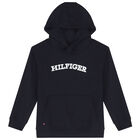 Boys Navy Logo Hooded Top, 1, hi-res