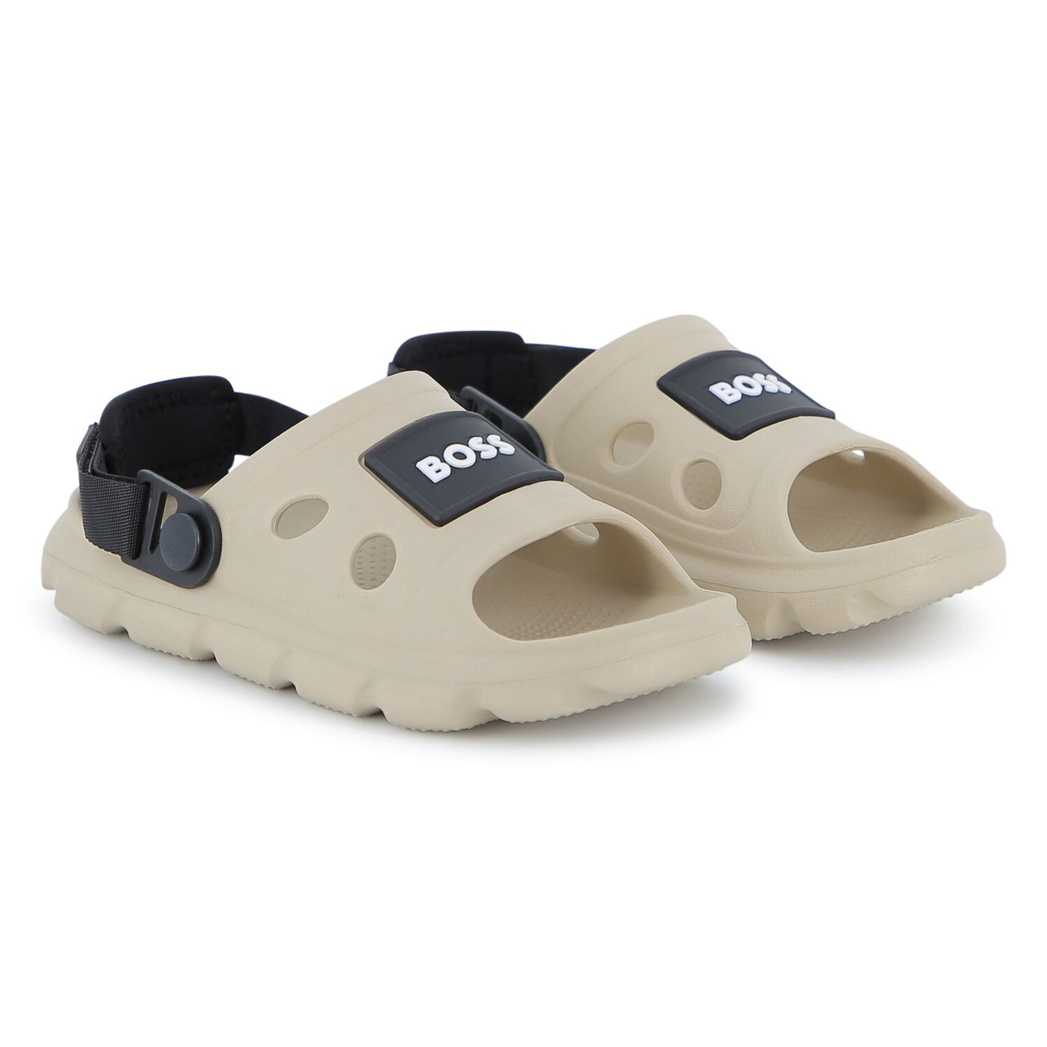 Boys Beige & Black Logo Sandals, 2, hi-res