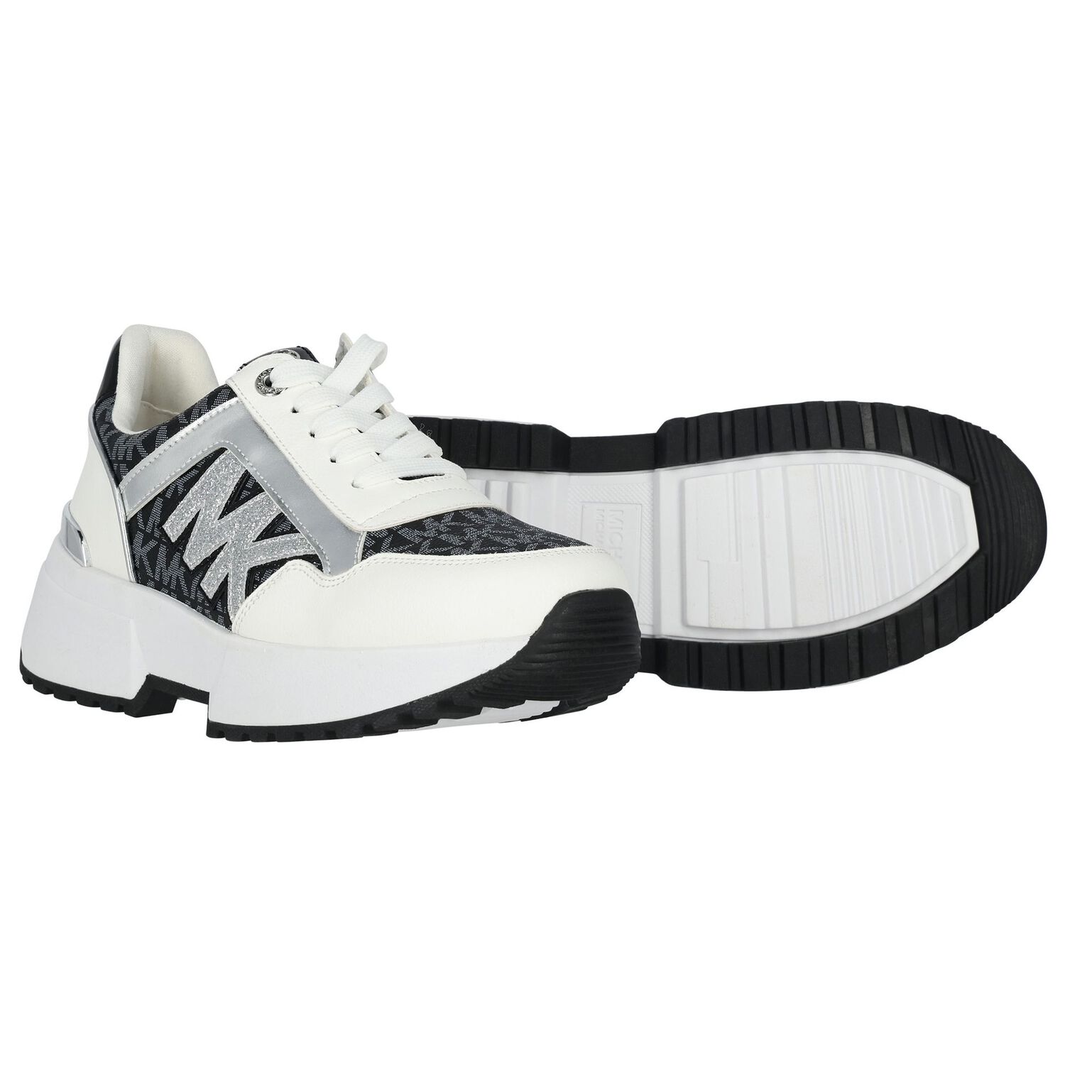 Girls White & Black Logo Trainers, 1, hi-res