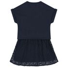 Girls Navy Blue Logo Flower Dress, 1, hi-res