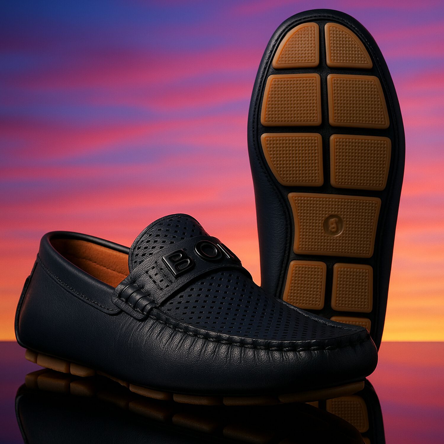 Boys Navy Blue Logo Moccasins, 2, hi-res