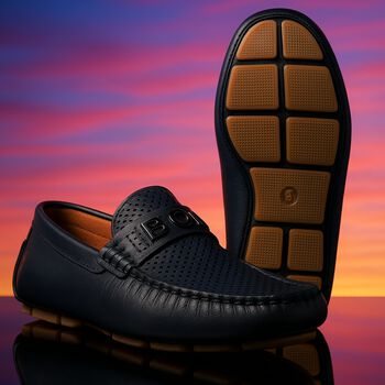 Boys Navy Blue Logo Moccasins