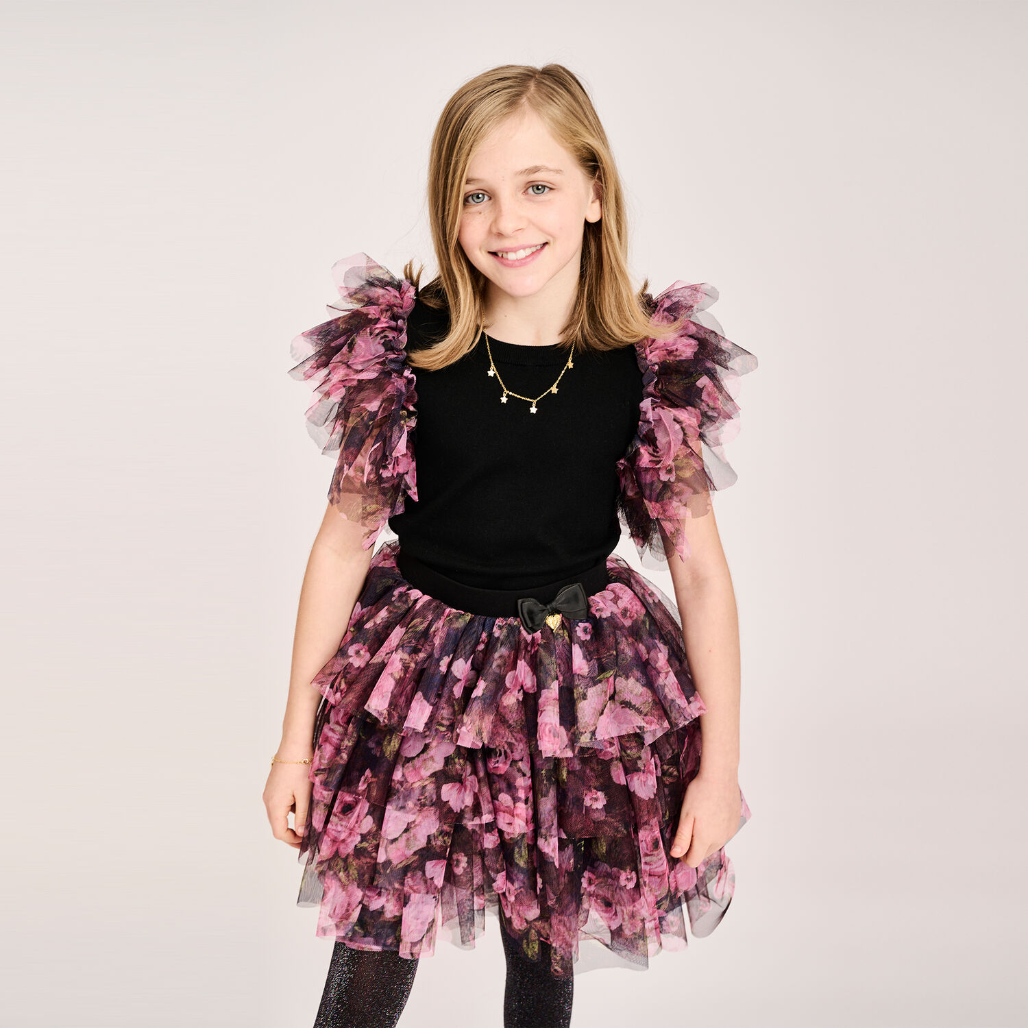 Girls Black & Pink Rose Tulle Skirt, 1, hi-res