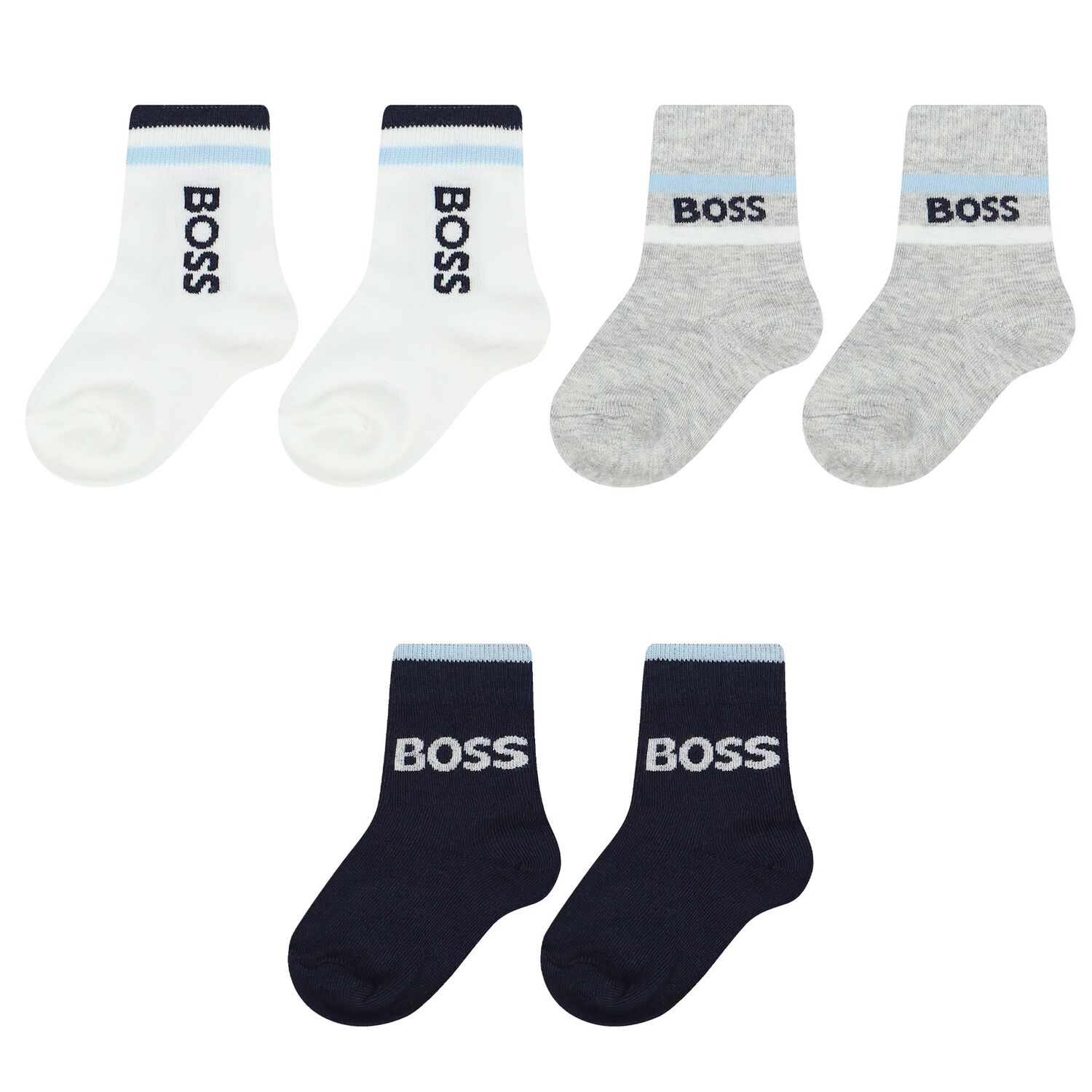 Baby Boys White, Navy Blue & Grey Logo Socks ( 3-Pack ), 2, hi-res