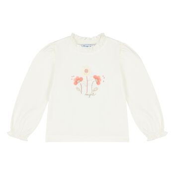 Younger Girls Ivory Flower Long Sleeve Top