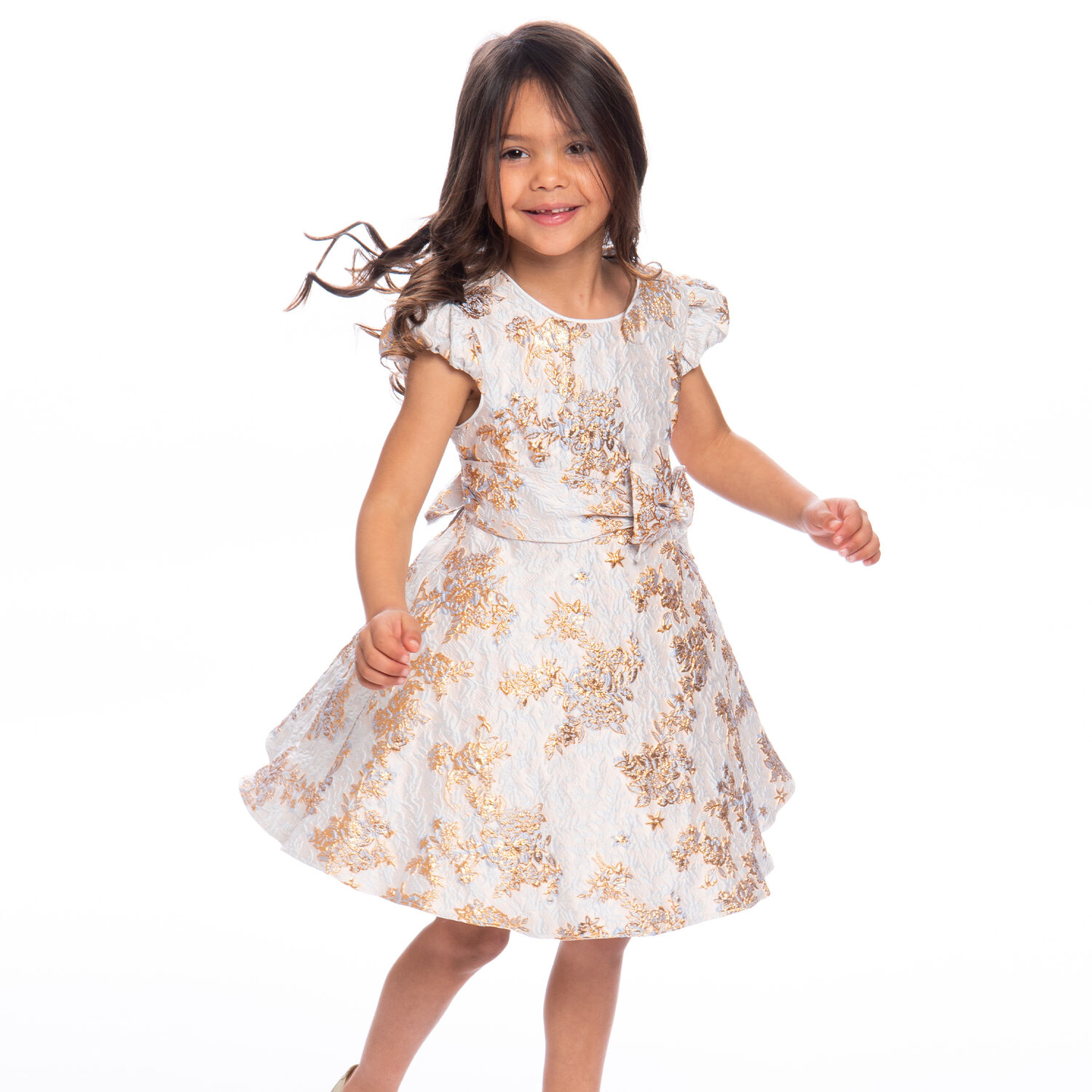 Girls Blue & Gold Brocade Dress, 1, hi-res