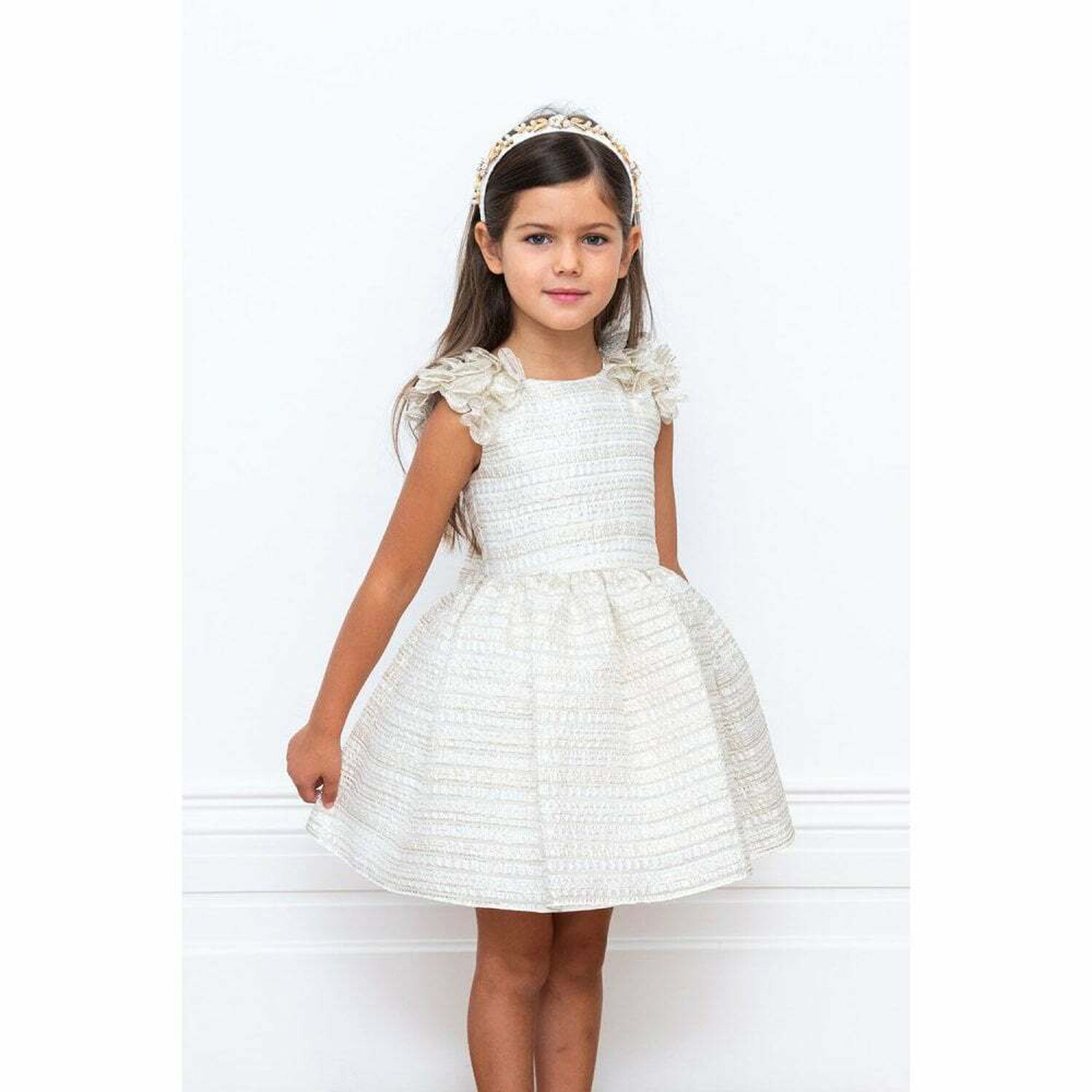 Girls Ivory & Gold Special Occasion Dress, 1, hi-res