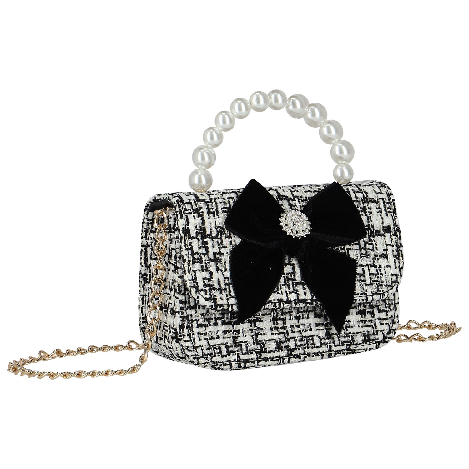 Girls Ivory & Black Tweed Bow Bag, 2, hi-res