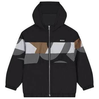 Boys Black Logo Hooded Zip Up Top
