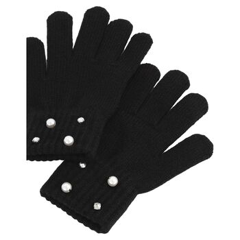 Girls Black Embellished Knitted Gloves