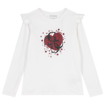 Girls White Heart Long Sleeve Top