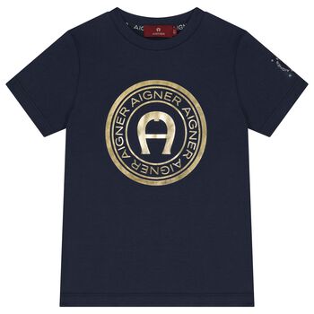 Boys Navy Blue & Gold Logo T-Shirt