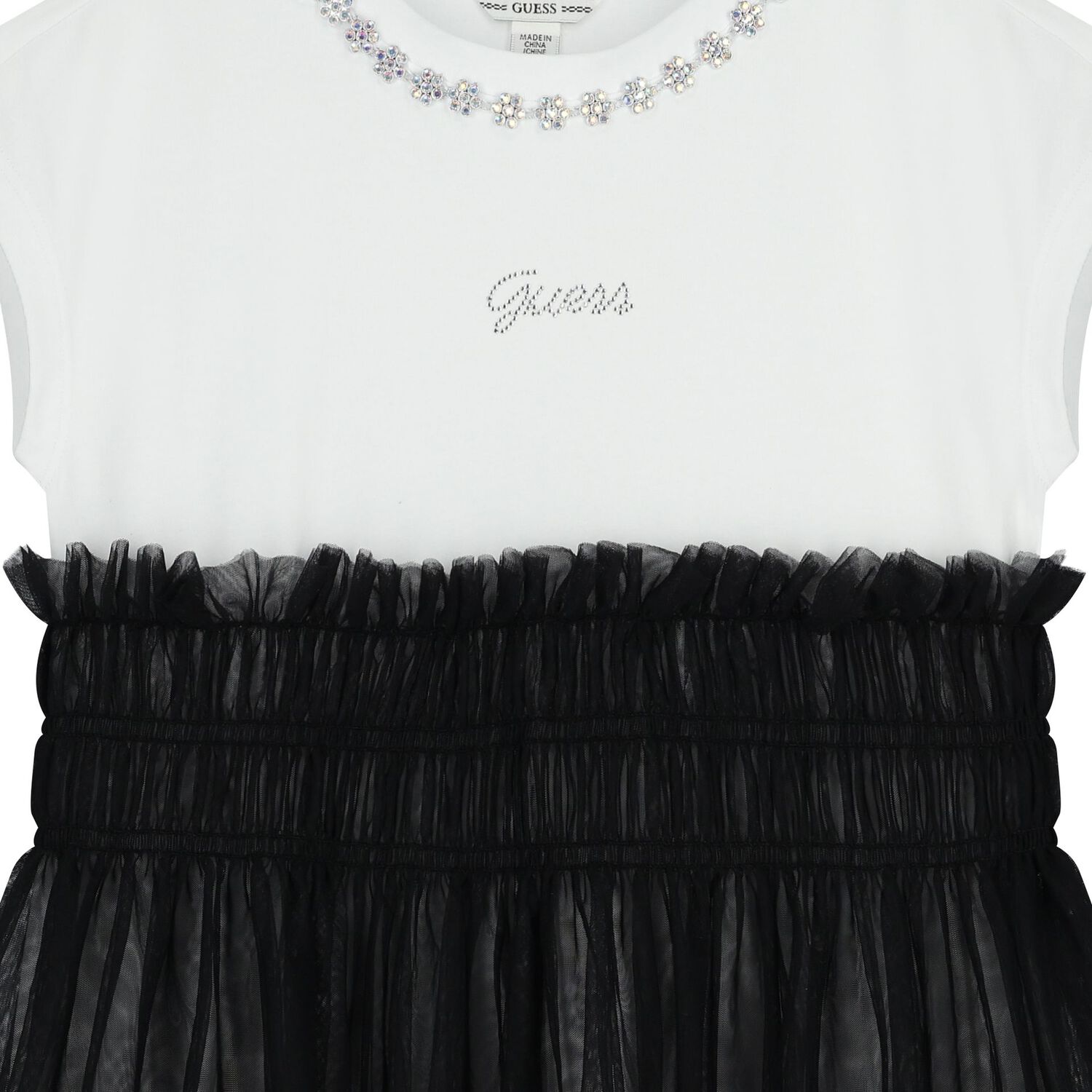 Girls White & Black Diamante Tulle Dress, 1, hi-res