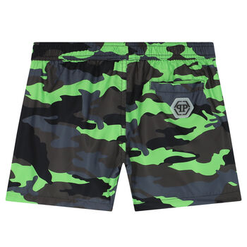 Boys Black & Green Camouflaged Swim Shorts