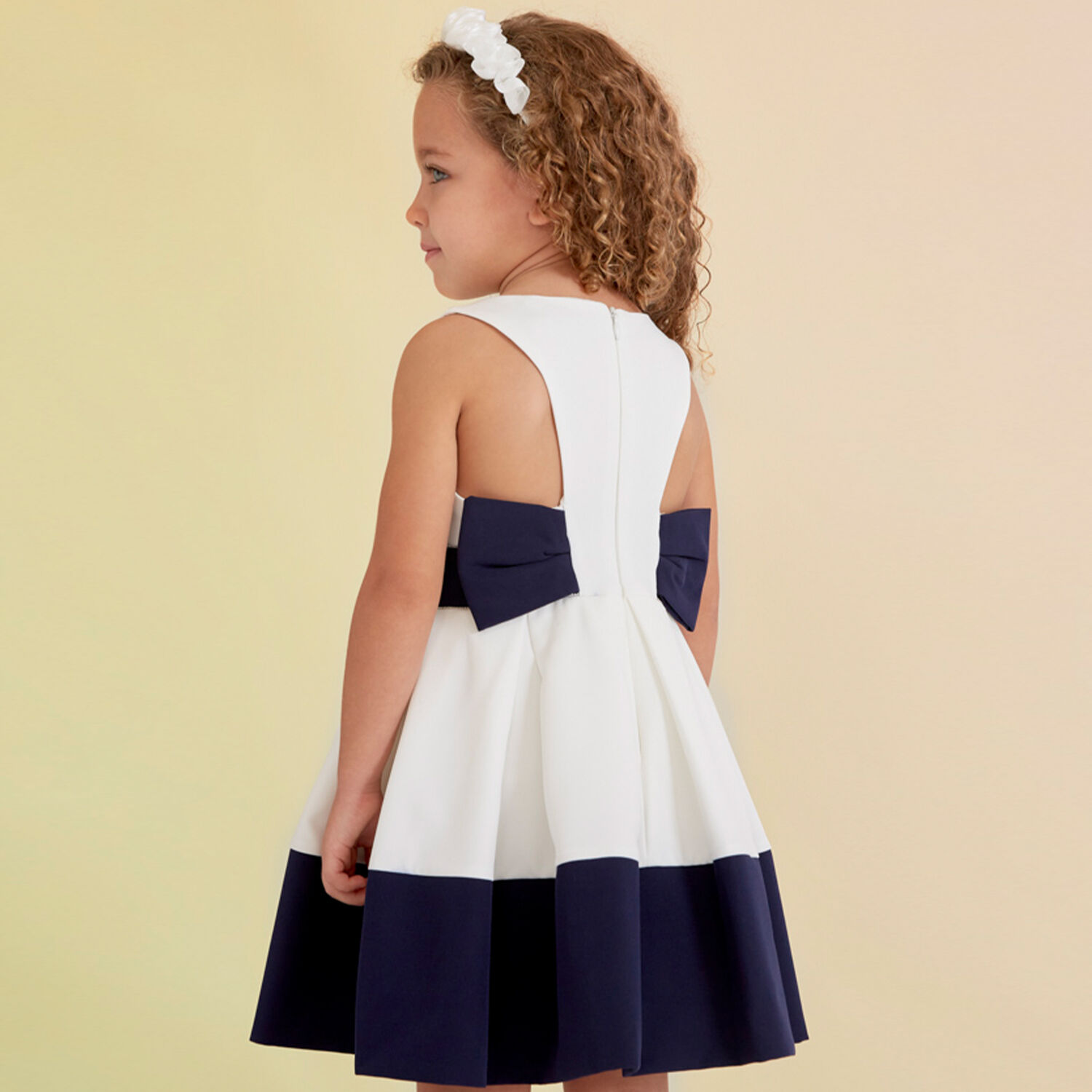 Girls White & Navy Crepe Dress, 1, hi-res