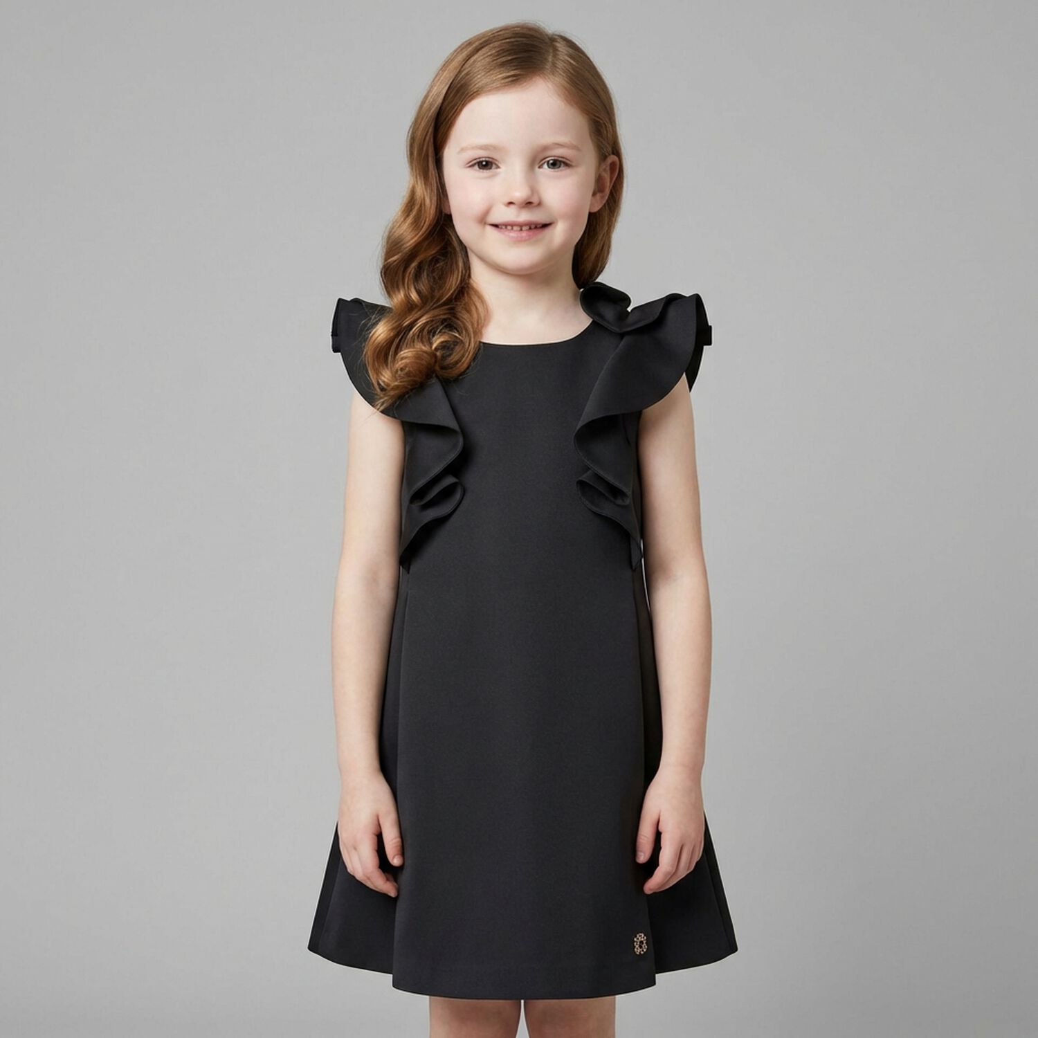Girls Black Satin Ruffle Dress, 2, hi-res