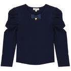 Girls Navy Bow Long Sleeve Top, 4, hi-res