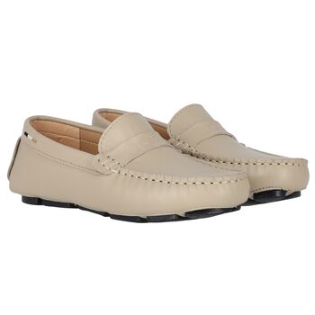 Boys Beige Logo Moccasins