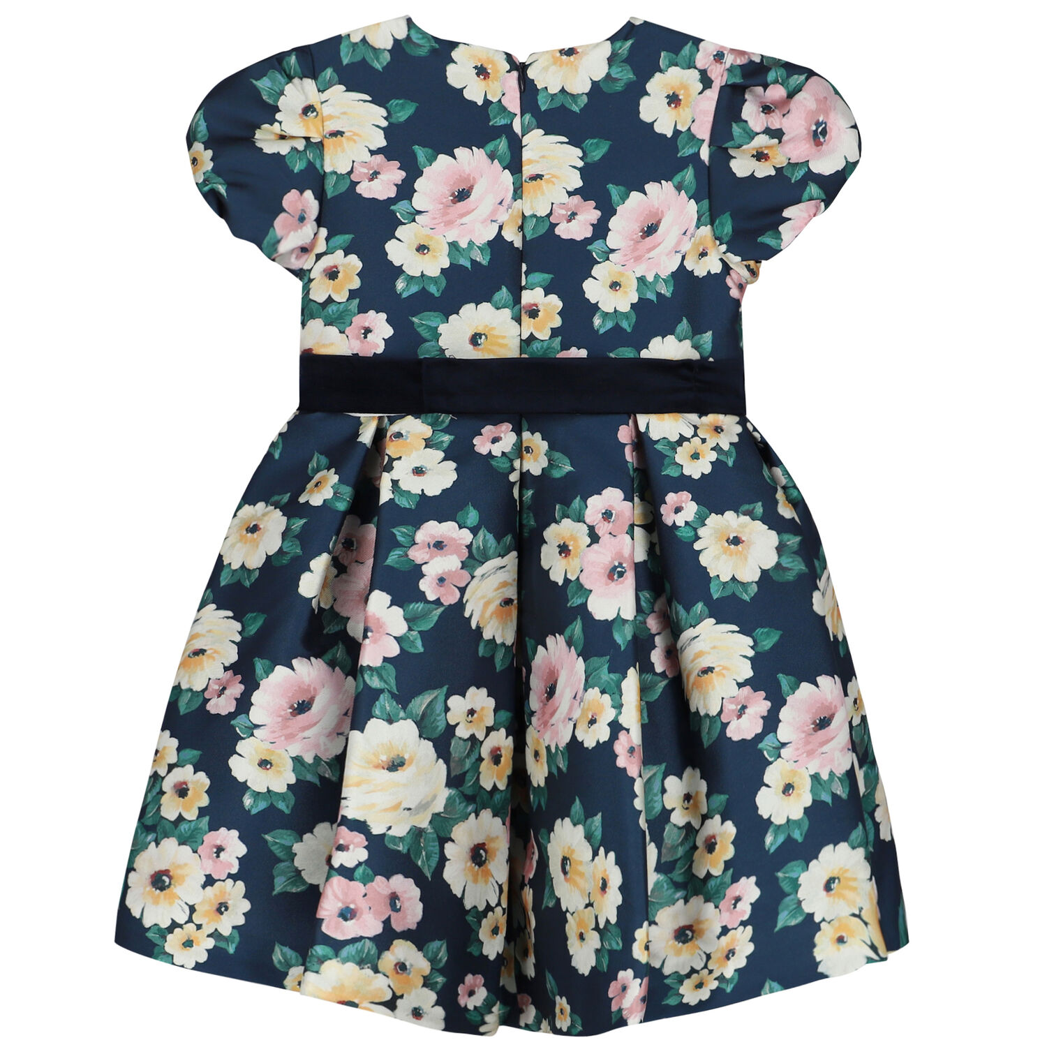 Girls Navy Floral Satin Dress, 1, hi-res