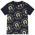 Boys Navy Blue & Gold Logo T-Shirt, 2, hi-res