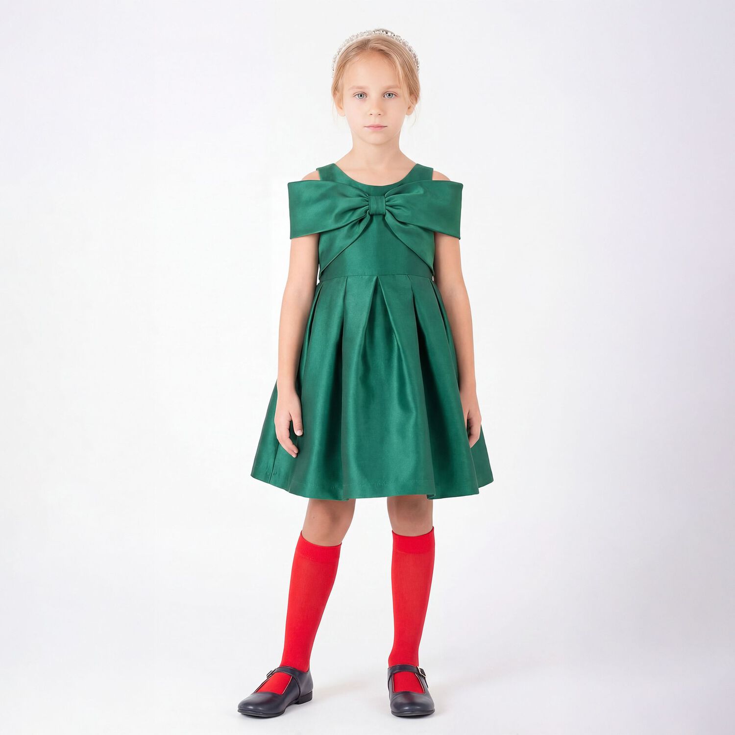 Girls Green Shoulder Bow Dress, 1, hi-res
