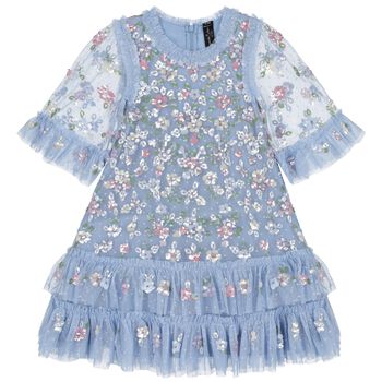 Girls Blue Floral Tulle & Sequin Dress