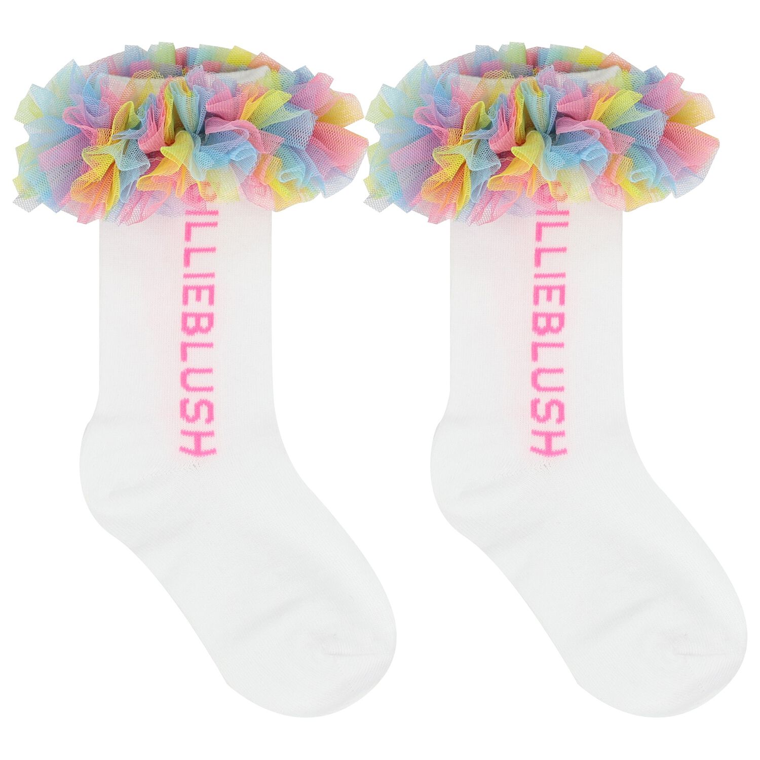 Girls White Logo Ruffled Tulle Socks, 1, hi-res