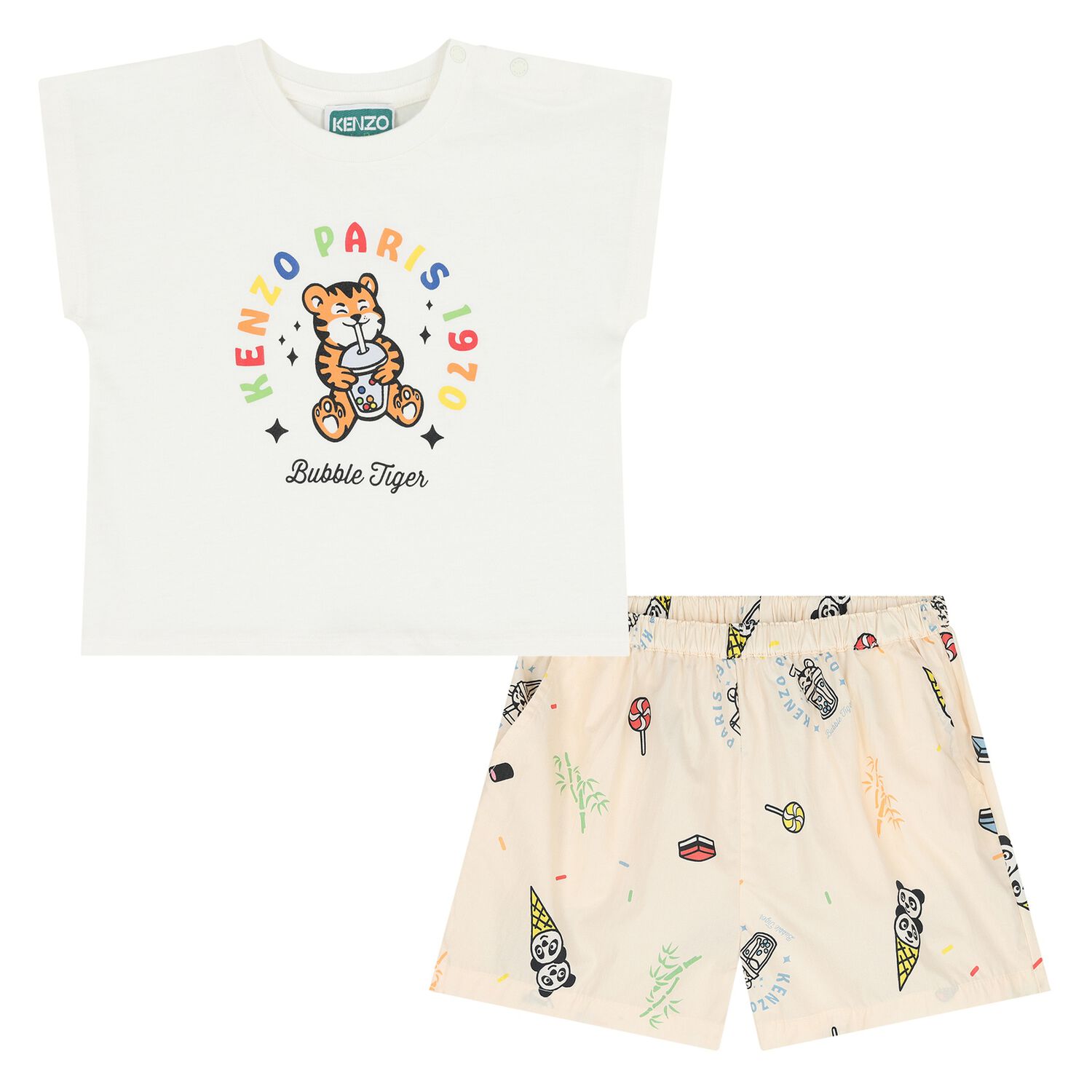 Younger Boys White & Ivory Bubble Tiger Shorts Set, 1, hi-res