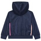 Girls Navy Blue & Pink Hooded Zip Up Top , 1, hi-res