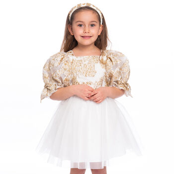 Girls White & Gold Organza Dress
