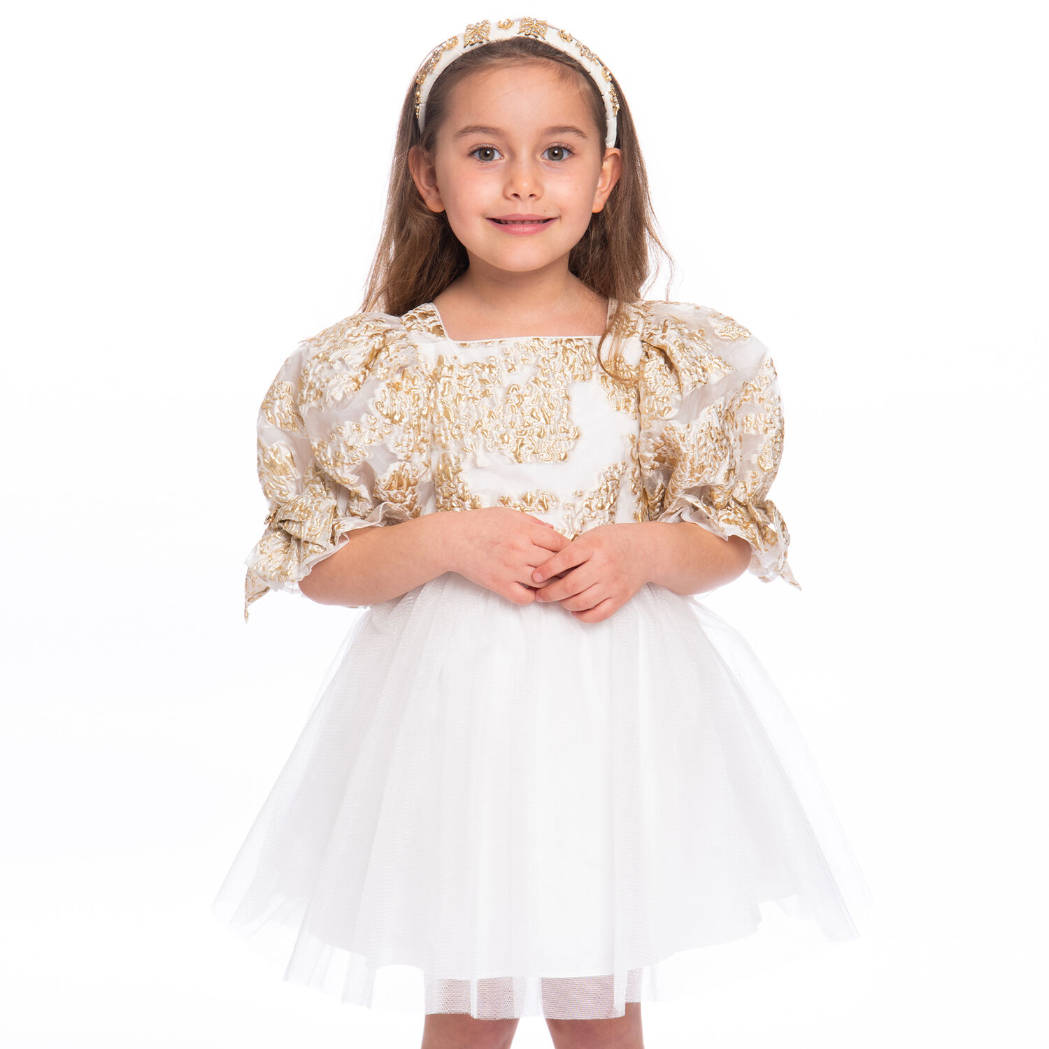 Girls White & Gold Organza Dress, 1, hi-res image number null