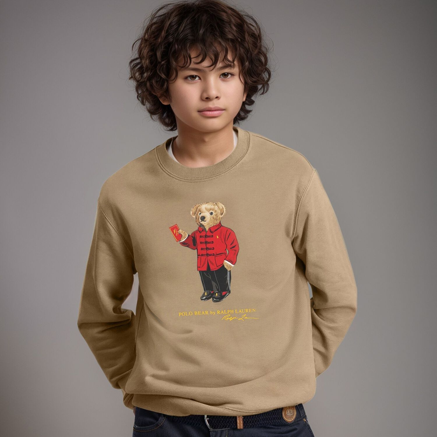 Boys Beige Logo Polo Bear Sweatshirt, 1, hi-res