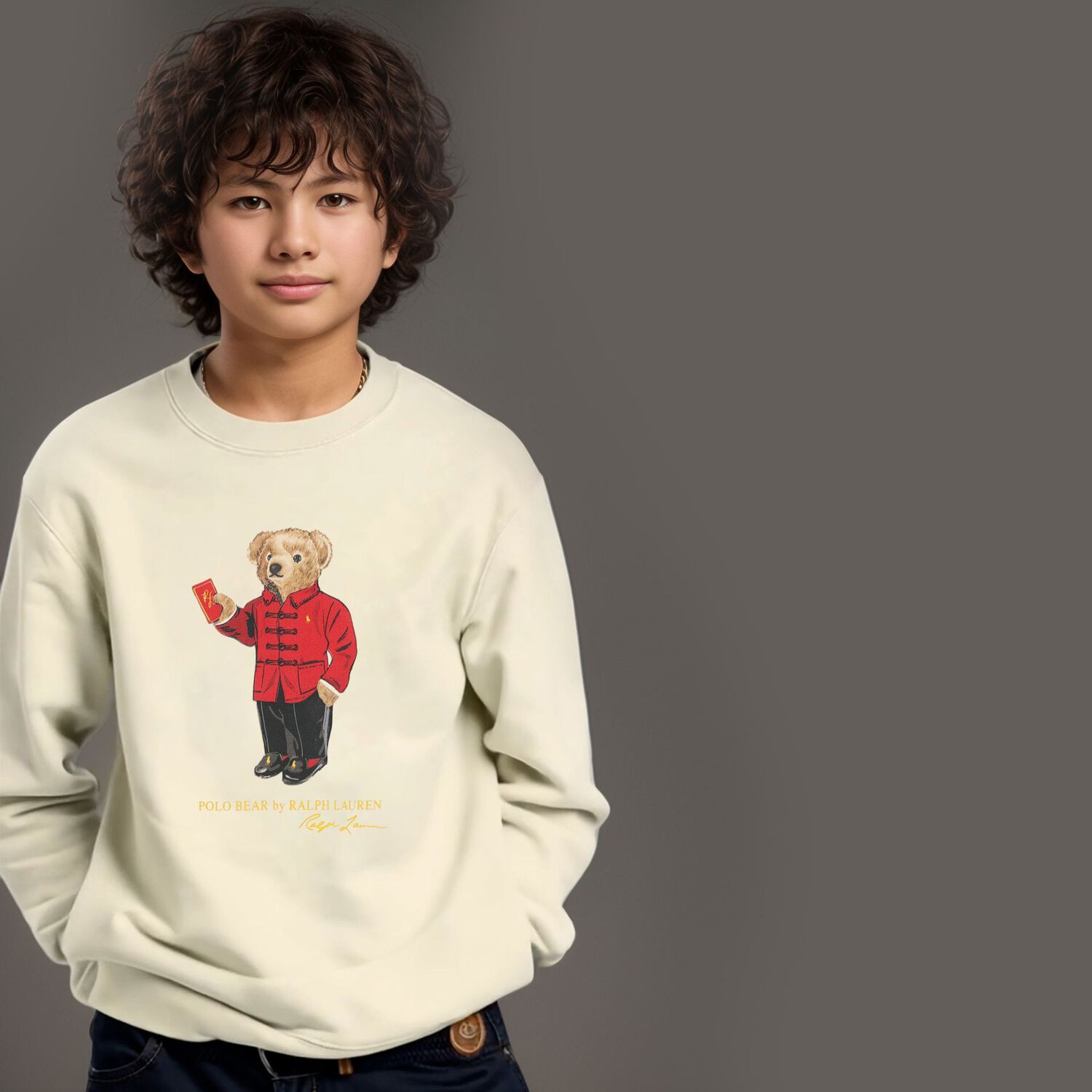 Boys Ivory Logo Polo Bear Swearshirt, 1, hi-res