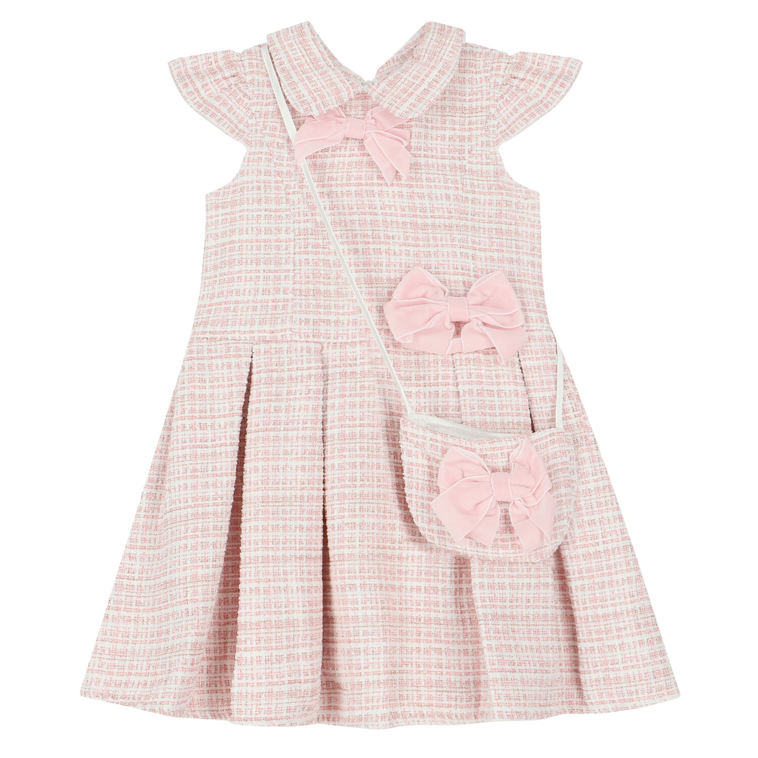 Girls Pink & Ivory Bow Dress & Bag Set, 1, hi-res