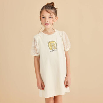 Girls Beige & Gold Logo Dress