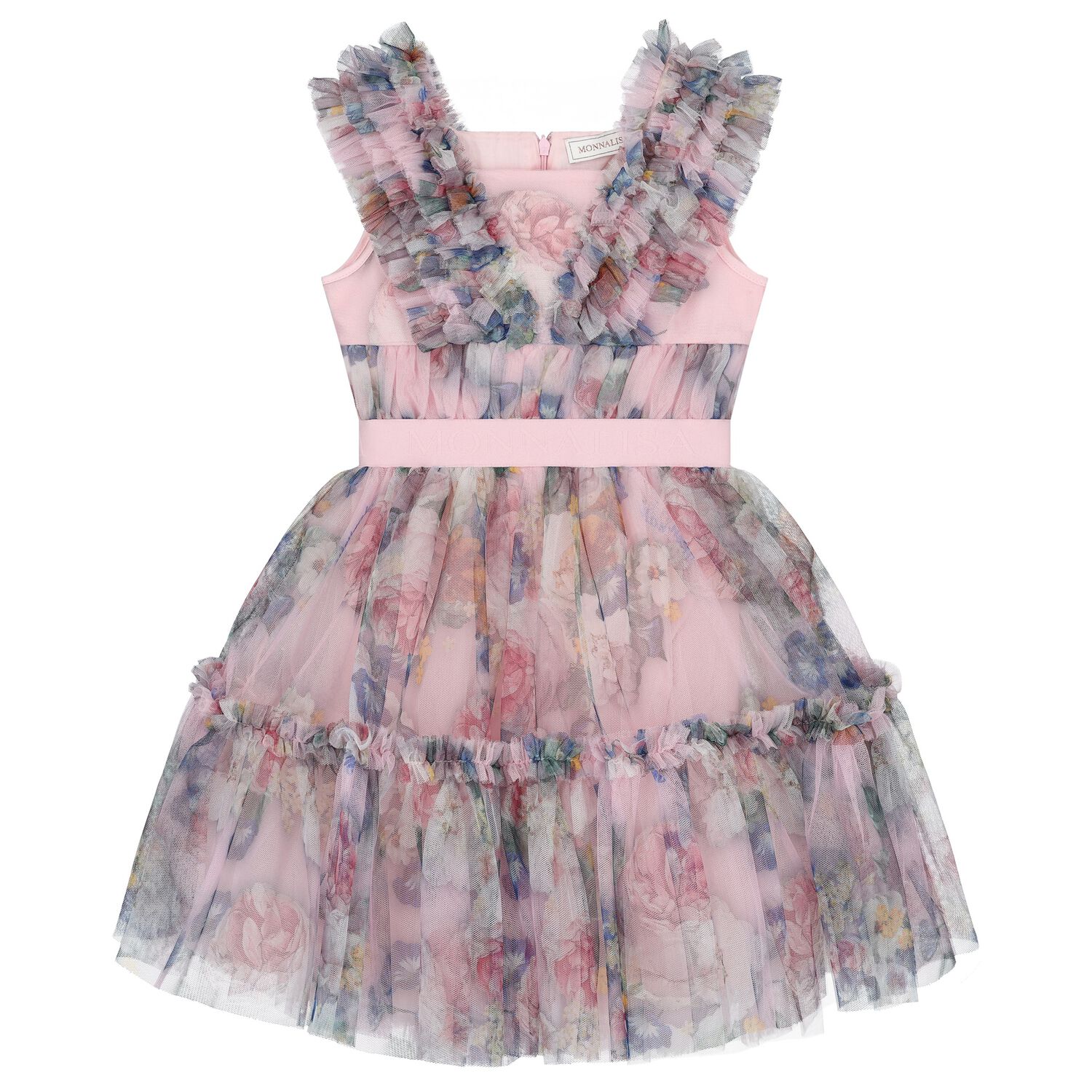 Girls Pink Floral Tulle Dress, 1, hi-res