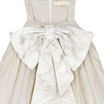 Girls Metallic Gold & White Geo Map Bow Dress