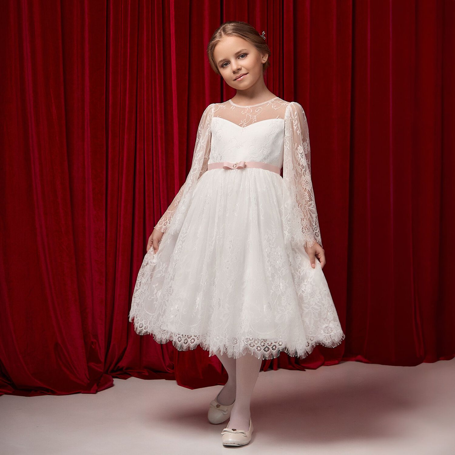 Girls White Chantilly Lace Mirelle Dress, 1, hi-res