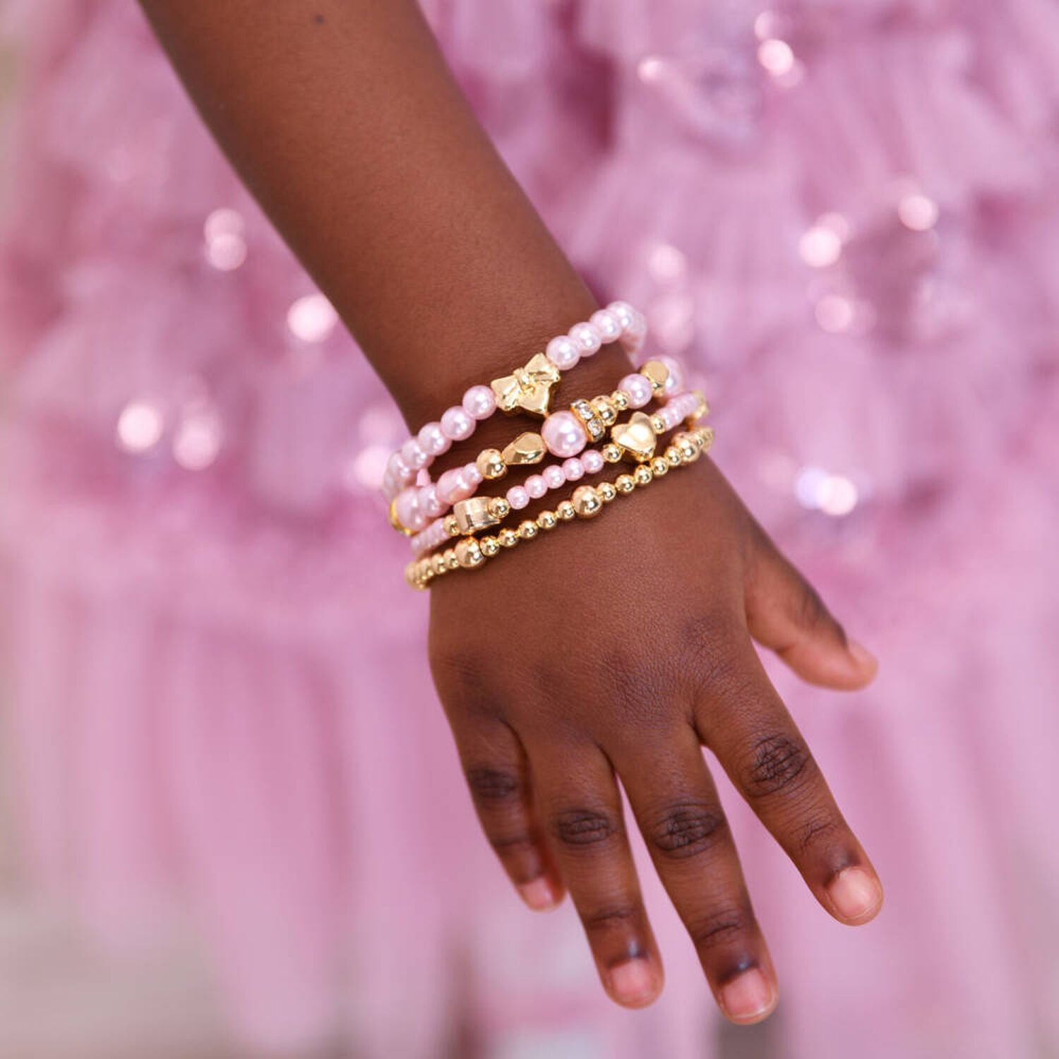 Girls Pink & Gold Beaded Bracelets (4 Pack), 1, hi-res