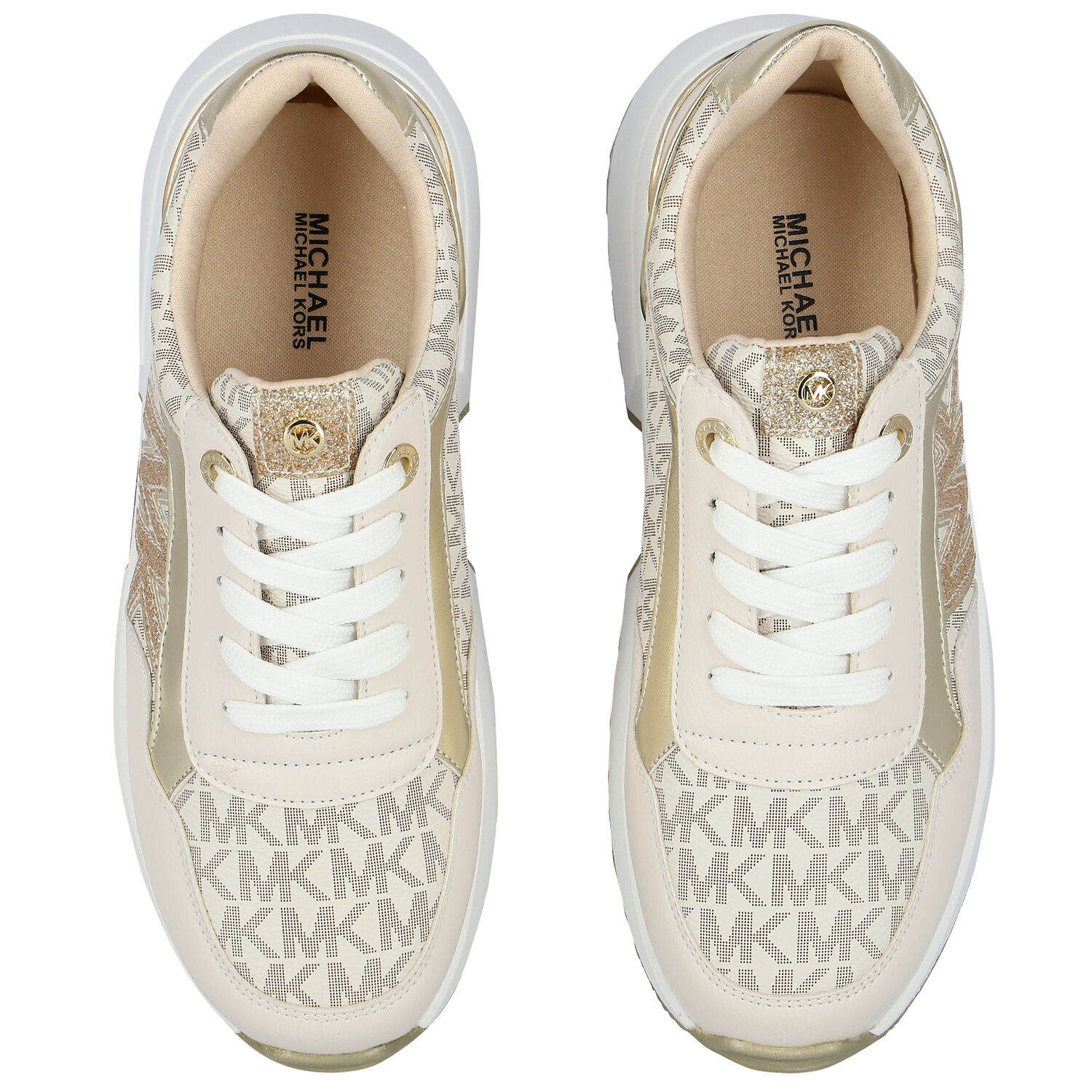 Girls Ivory & Gold Logo Trainers, 1, hi-res