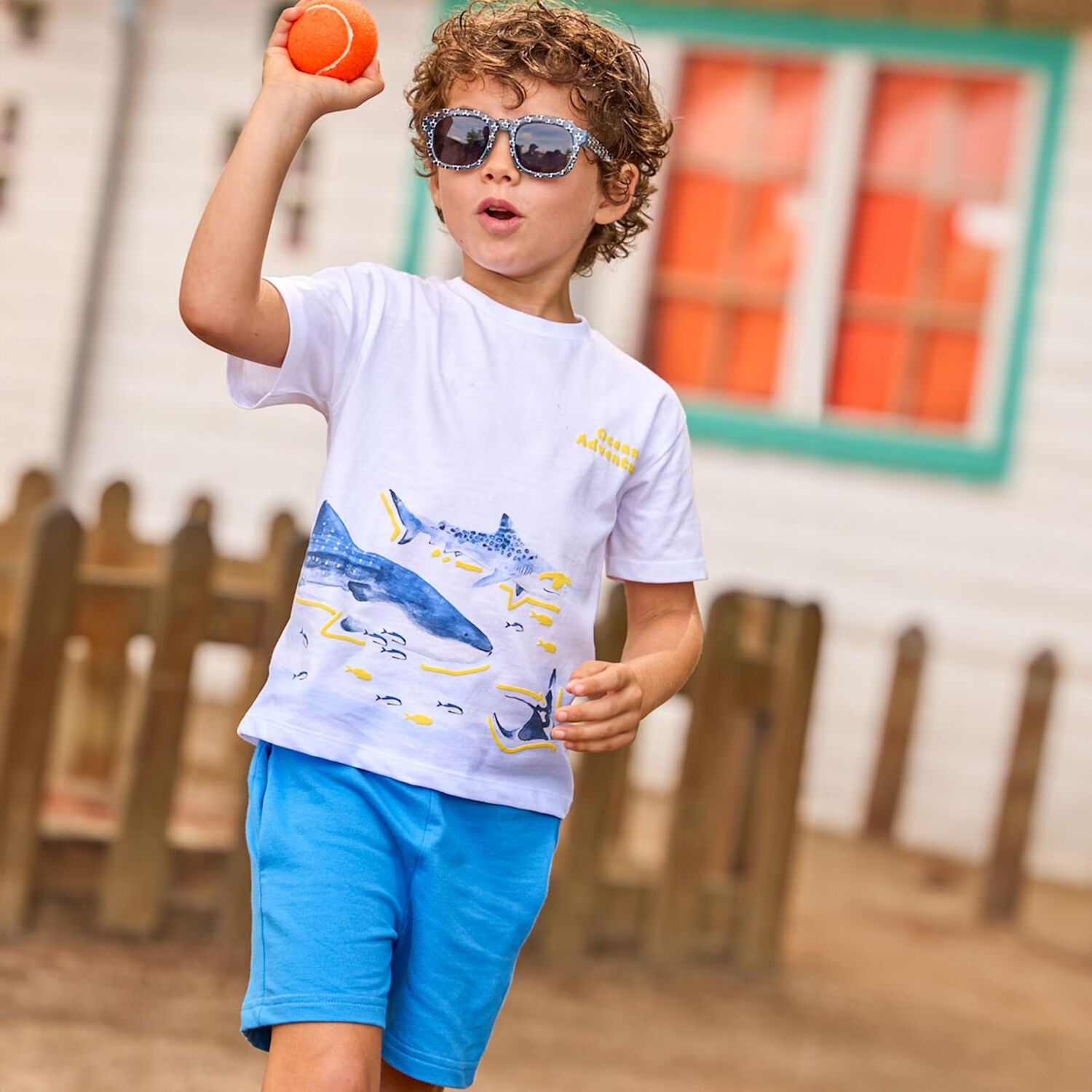 Boys White & Blue Shark Shorts Set, 1, hi-res