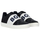 Boys Navy Blue Leather Trainers, 1, hi-res