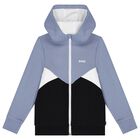 Boys Blue & Black Logo Hooded Zip Up Top, 1, hi-res